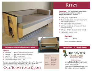 Hidden Bed of Oregon spec sheet for the Ritzy